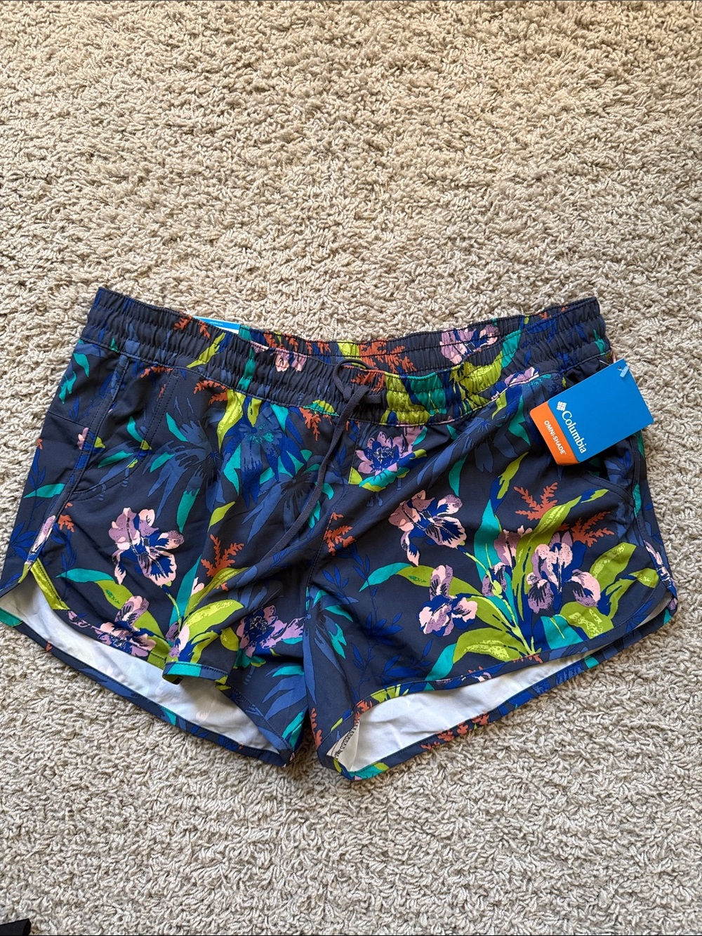 Columbia Navy Floral Running Shorts with Pink & Green Accents
